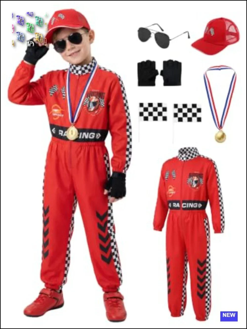 Kids Race Car Driver Costume Jumpsuit Set with Cap, Sunglasses, Gloves, Trophy